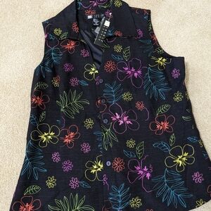 Floral Embroidered Black Sleeveless Top